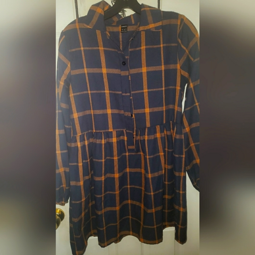 Blue and Yellow long flare button up dress